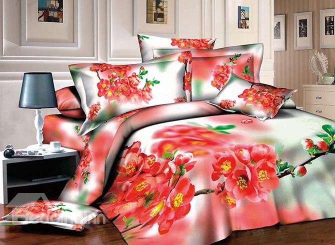 3d Red Peach Blossom Printed Cotton 4-piece Bedding Sets/duvet Covers