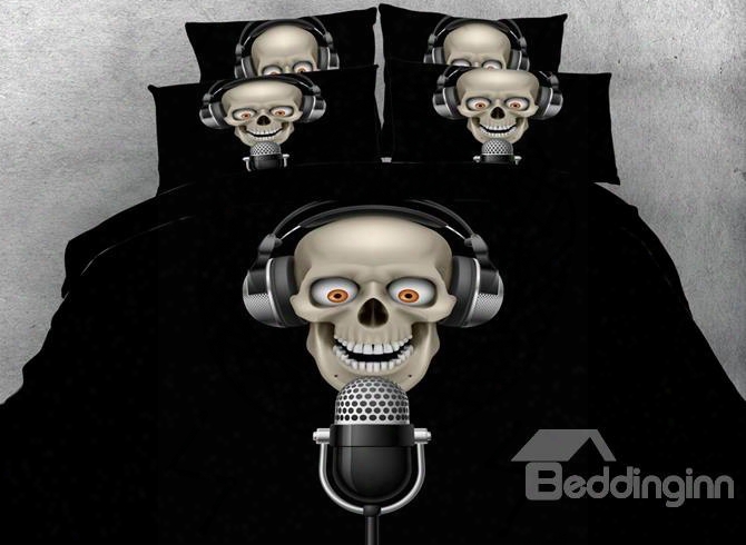 3d Rock Singer Skull Printed Cotton 4-piece Black Bedding Sets/duvet Covers