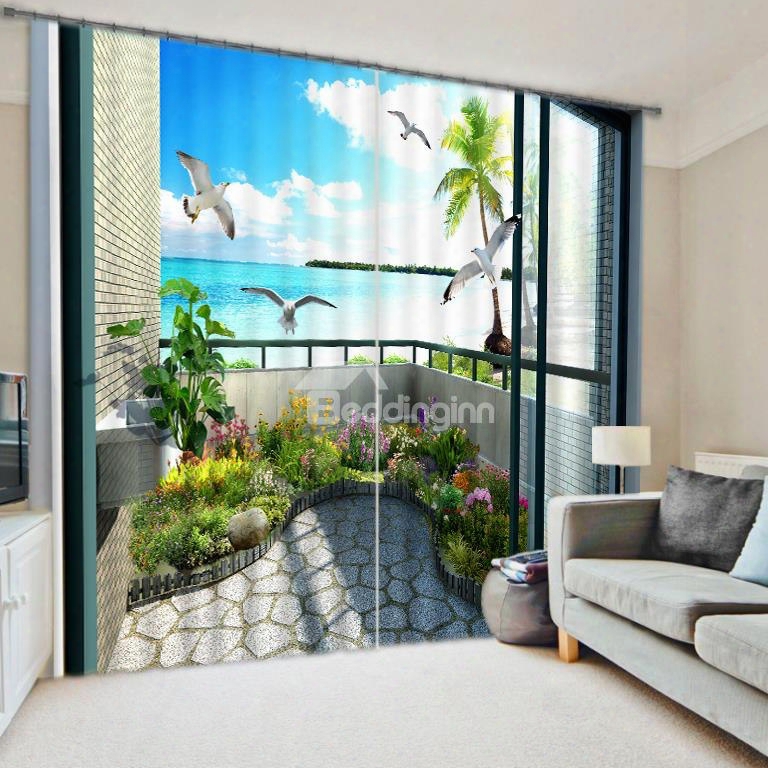 3d Seagulls And Flowers In The Opinion Of Seaside Balcony Printed Custom Curtain For Living Room Curtain