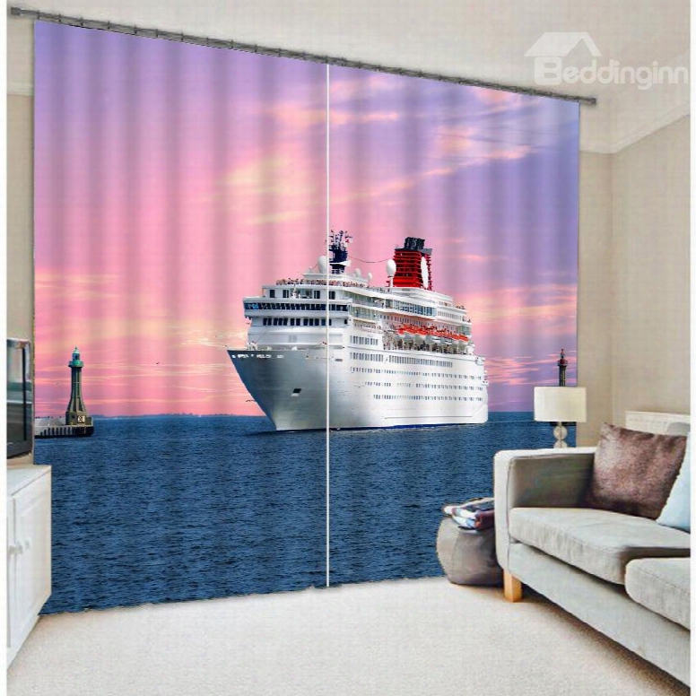 3d Ship On The Ocean Print Noise Reducing Curtain
