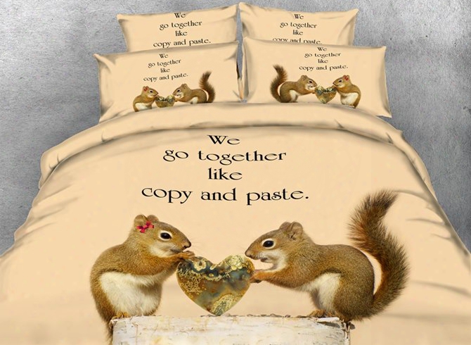 3d Squirrel Lovers Printed Cotton 4-piece Camel Bedding Sets/duvet Covers