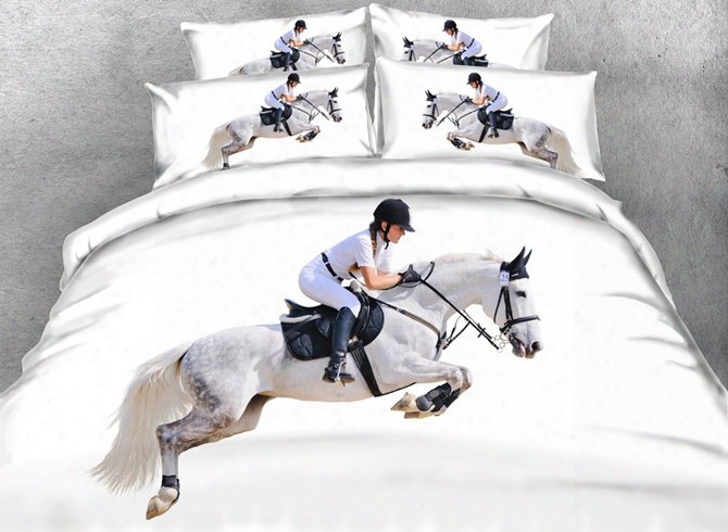 3d Steeplechase Horse And Jockey Printed Cotton 4-piece White Bedding Sets/duvet Covers