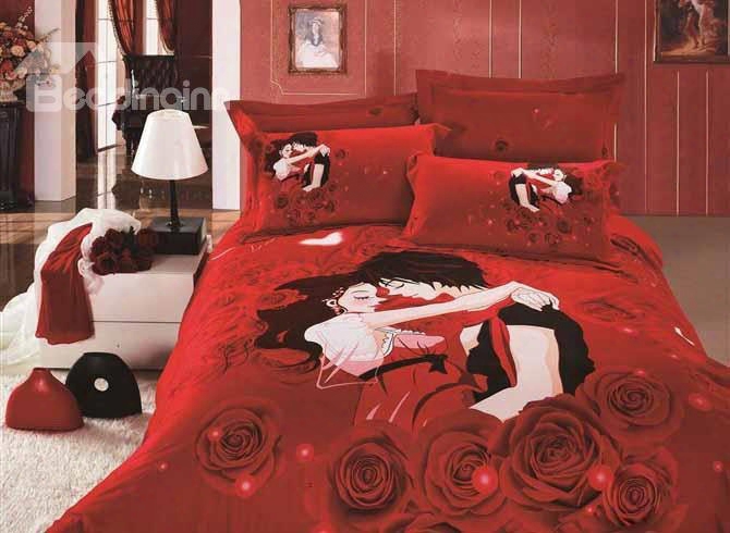 3d Sweet Lovers And Rose Printed Cotton 4-piece Red Bedding Sets/duvet Covers