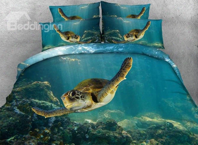 3d Swimming Turtle Blue Ocean Printed 4-piece Bedding Sets/duvet Covers
