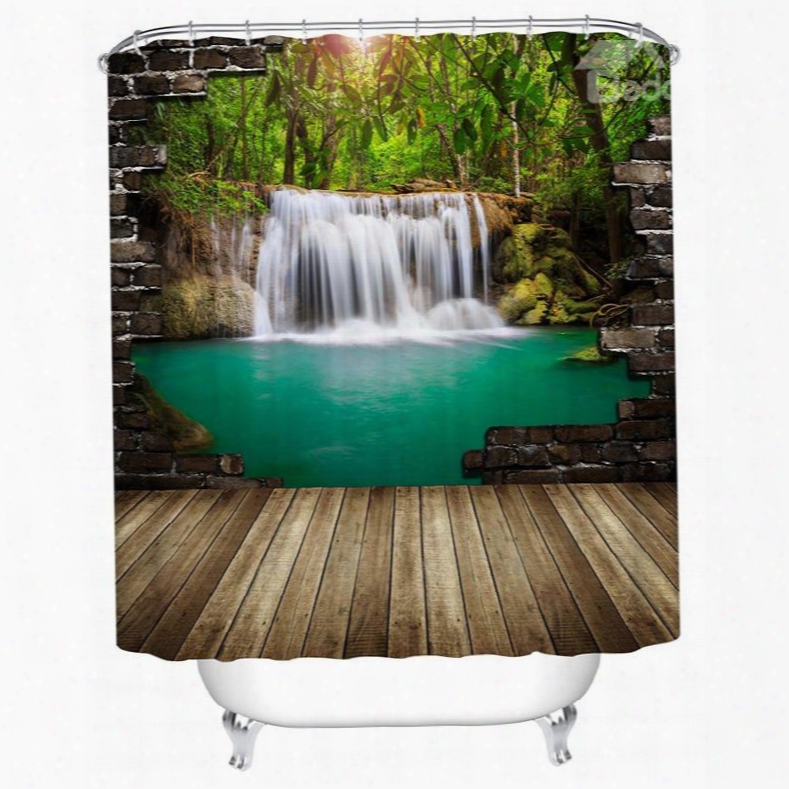 3d Waterfall And Forest Printed Polyester Green Bathroom Shower Curtain