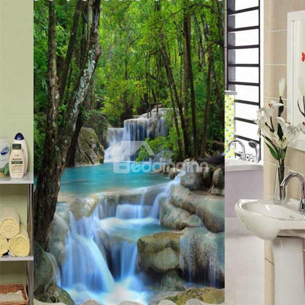 3d Waterfall And Hidden Forests Printed Polyester Showeer Curtain