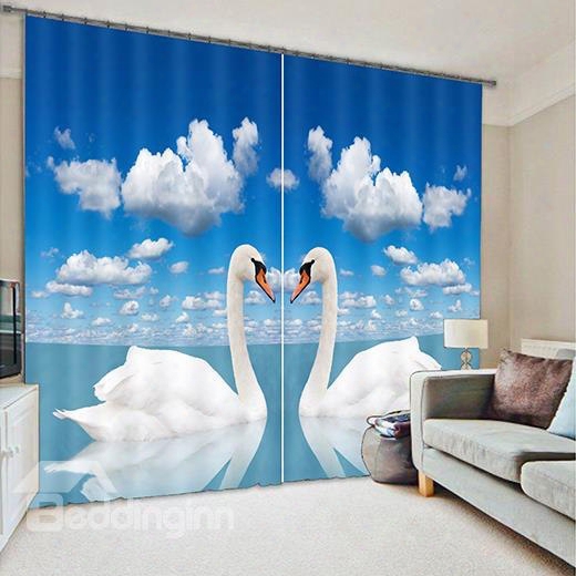 3d White Couple Swans Printed Animal Style Blackout And Decoration Window Curtain