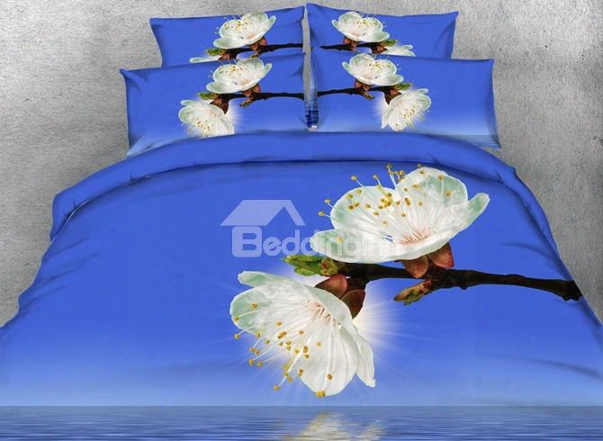 3d White Pear Blossom Printed Cotton 4-piece Bedding Sets/ Duvet Cover