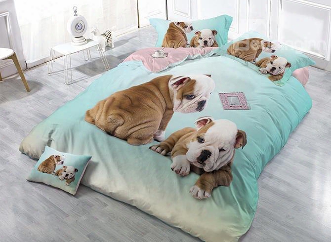 Adorable Dogs Print Light Blue Satin Drill 4-piece Duvet Cover Sets