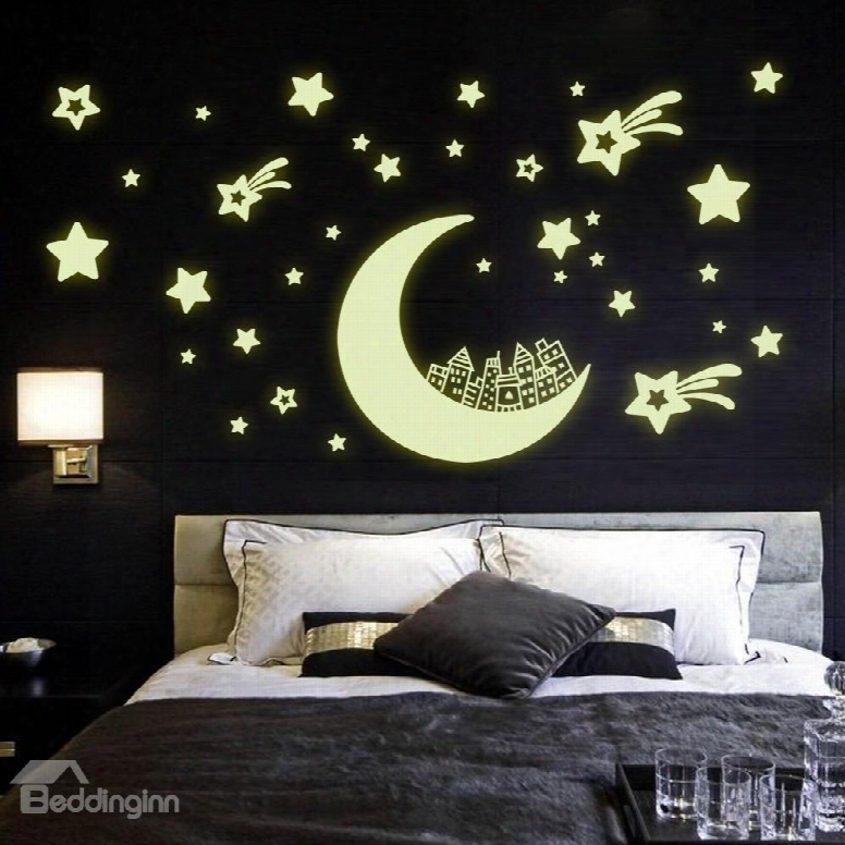 Amazing Romantic Luminous Moon And Stars Removable Wall  Sticker