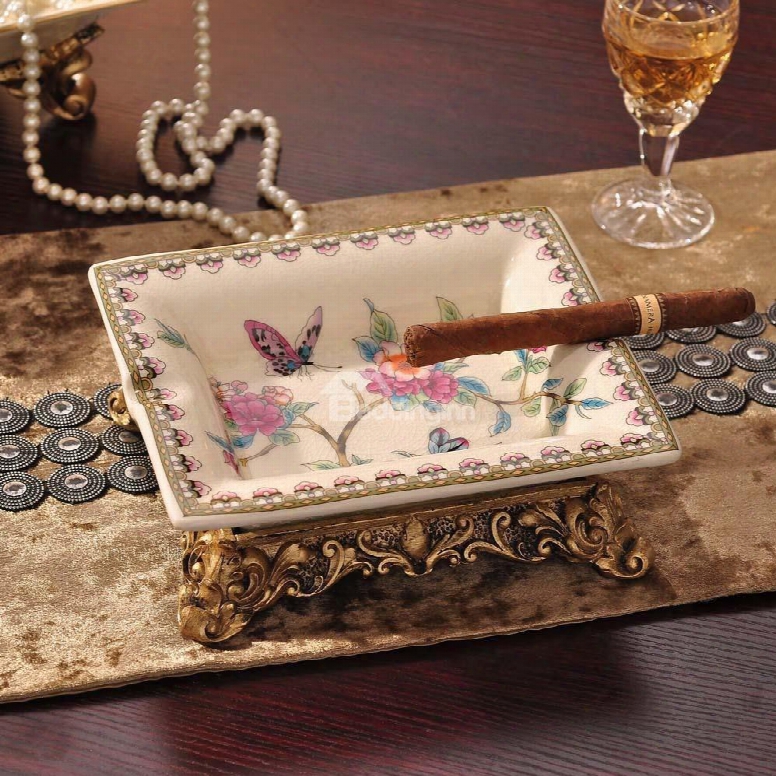 American Coutryside Style Flower And Butterfly Ceramic Ashtray Desktop Decoration