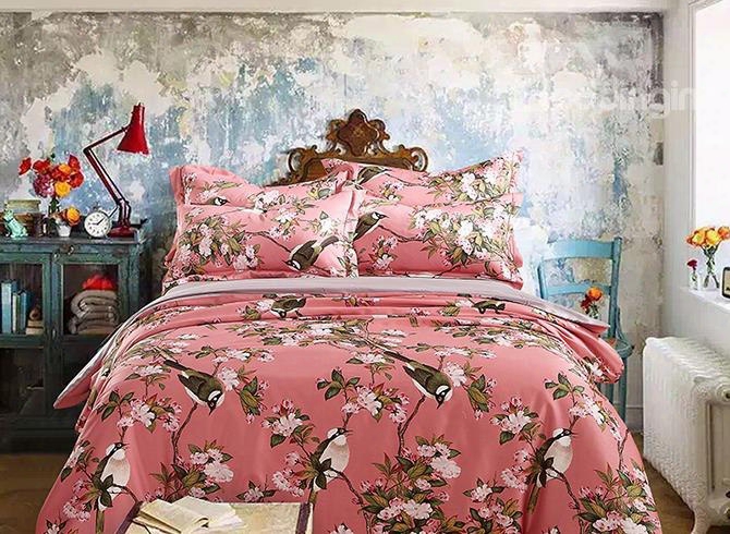 American Pastoral Style Birds And Flowers Printing 4-piece Cotton Duvet Cover