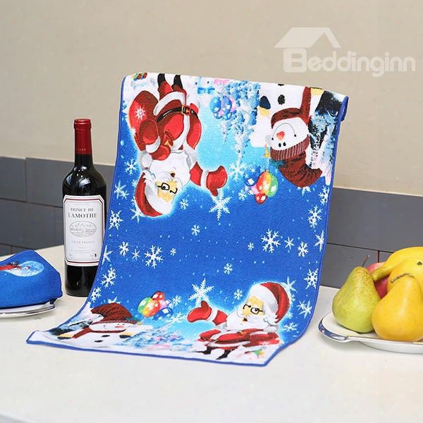 Attractiv E Brisk Santa And Snowman Printing Christmas Theme Dark Blue Towel