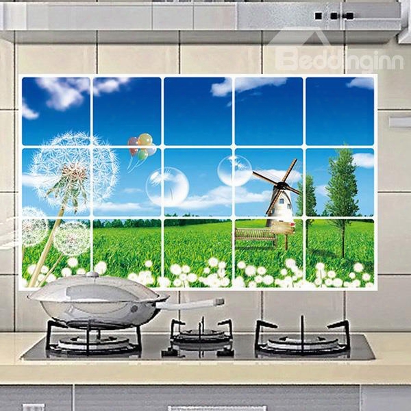 Beautiful Natural Scenery And Dandelion Kitchen Hearth Oil-proof Removable Wall Sticker