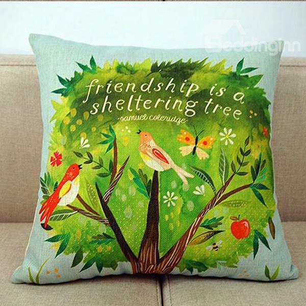 Birds On The Green Tree Print Pastoral Style Throw Pillow