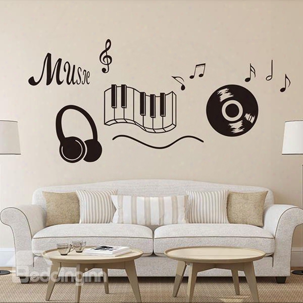 Black Music Note Cd And Earphone Attern Removable Wall Stickers