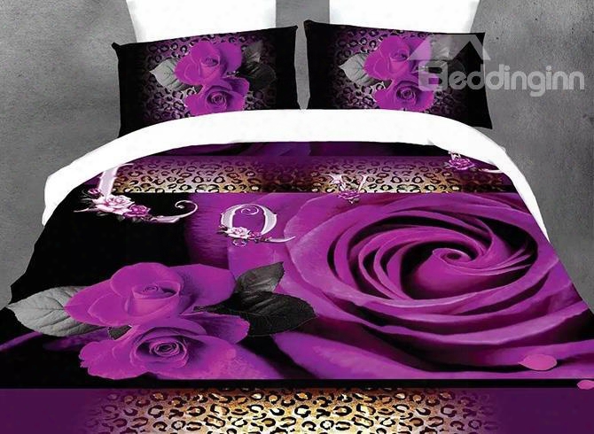 Blooming Purple Roses And Wild Leopard Design 4-piece Polyester Duvet Covering Sets