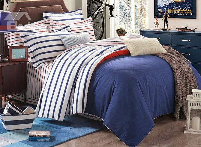 Bright Concise Stripes Design Cotton 4-piece Duvet Cover Sets