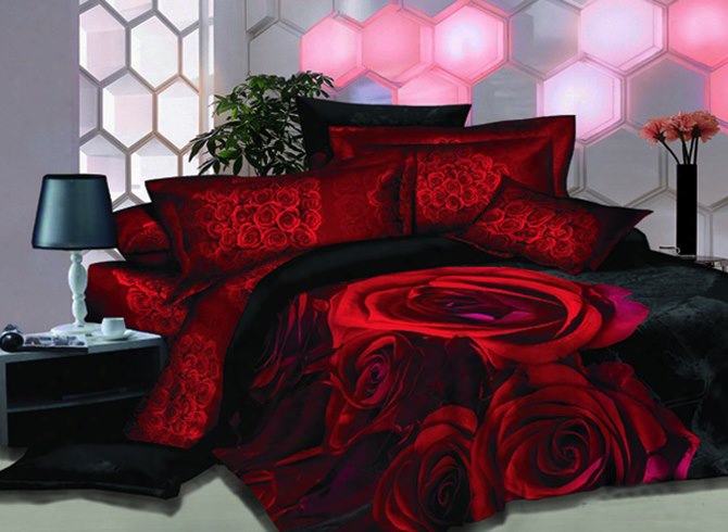 Bright Red Rose Printed 2-piece Pillow Cases