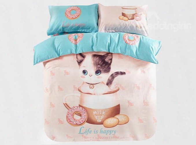 Cat In The Milk Cup Printed Cotton Full Size 3-piece Pink Kids Bedding Sets