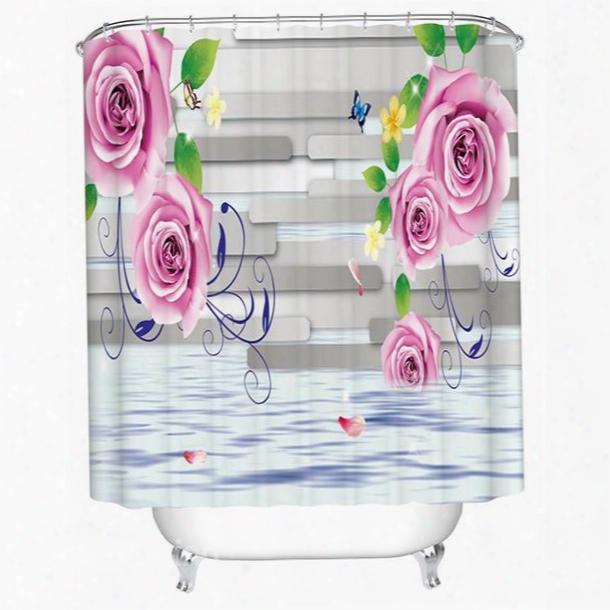 Charming Beautiful Roses And Gray Stripes 3d Shower Curtain