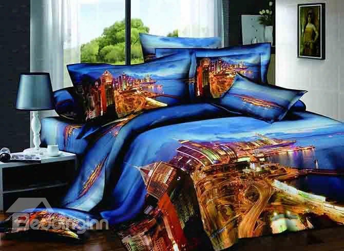 Charming City Scenery Design Blue Background 4-piece Cotton Duvet Cover Sets