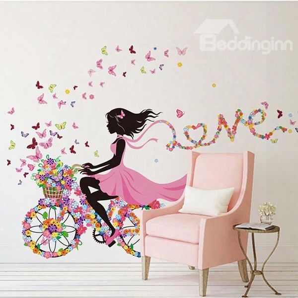 Colorful Butterflies And Girl Riding Bike Waterproof Wall Sticker