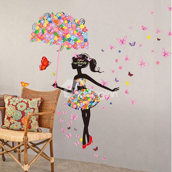 Colorful Butterflies Girl With Flower Umbrella Pint Wall Sticker