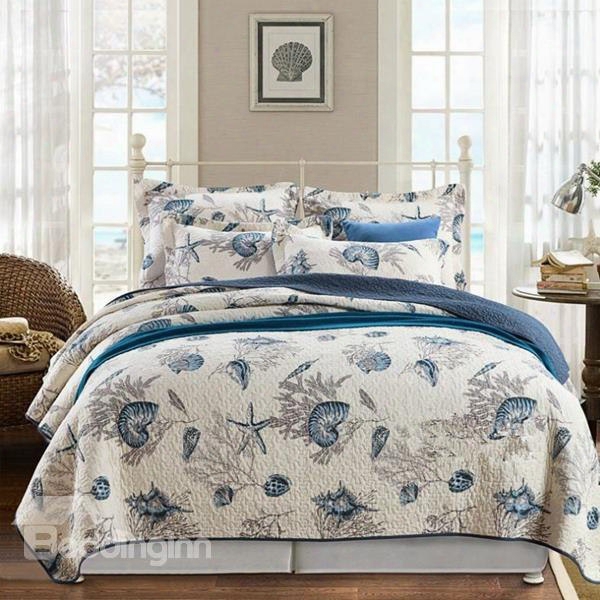 Conch And Starfish Print 3-piece Cotton Bed In A Bag