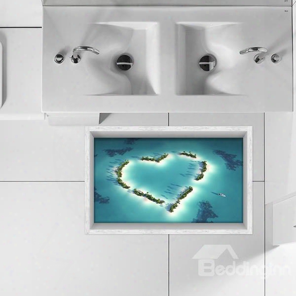 Creative Heart-shaped Tree In Blue Sea Slipping-preventing Water-proof Bathroom 3d Floor Sticker