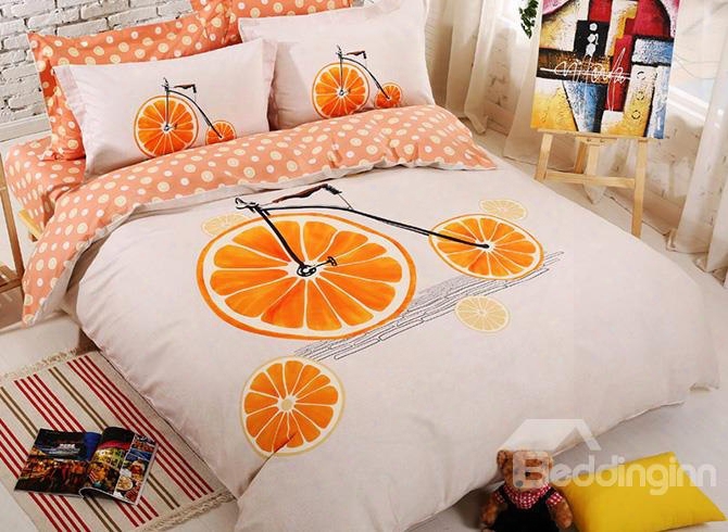 Creative Orange Bike Cotton Kids 4-piece Duvet Cover Set