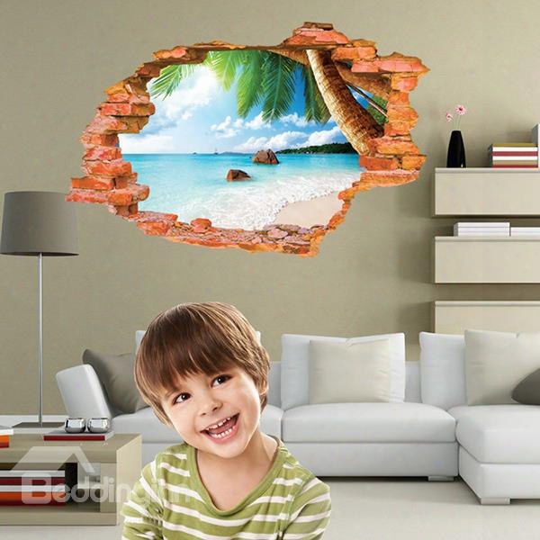 Creative Wall Hole View Beach And The Sea Removable 3d Wall Stickers