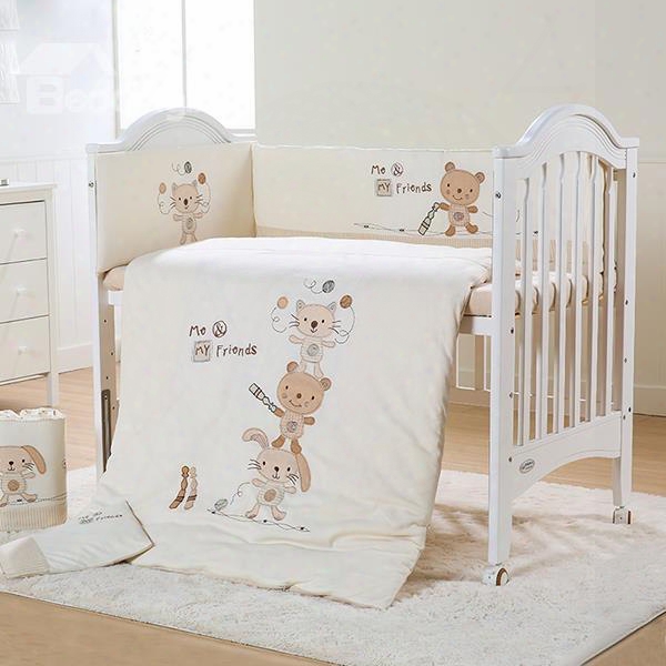 Cute Animals Playing Baseball Pattern 77-piece Organic Cotton Crib Bedding Sets