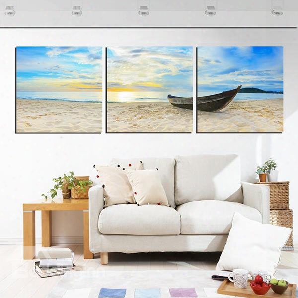 Deserted Boat On The Beach In Sunset 3-panel Canvas Wall Art Rpints