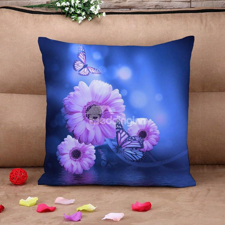Dreamlike Purple Daisy With Butterflies Cotton Throw Pillow Case