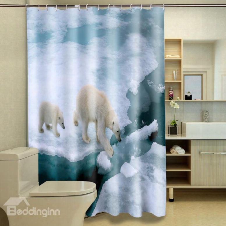 Durable Walking Polar Bear Mom And Son 100% Polyester 3d Shower Curtains