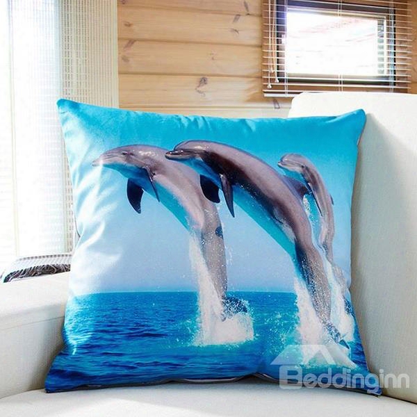Dynamic Adorable Jumping Dolphin Print Blue Throw Pillow