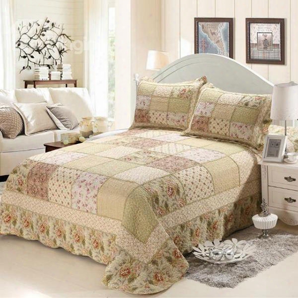 Elegant Floral Pastoral Green 3-piece King Size Cotton Bed In A Bag