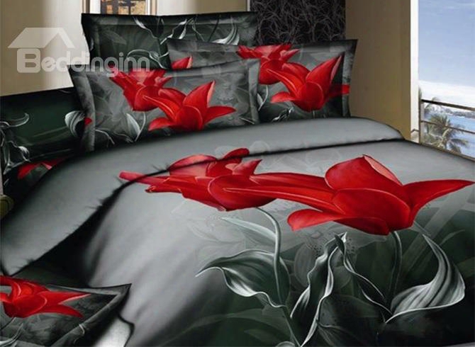 Elegant Red Tulip Print 2 Piece Cotton Pillow Cases