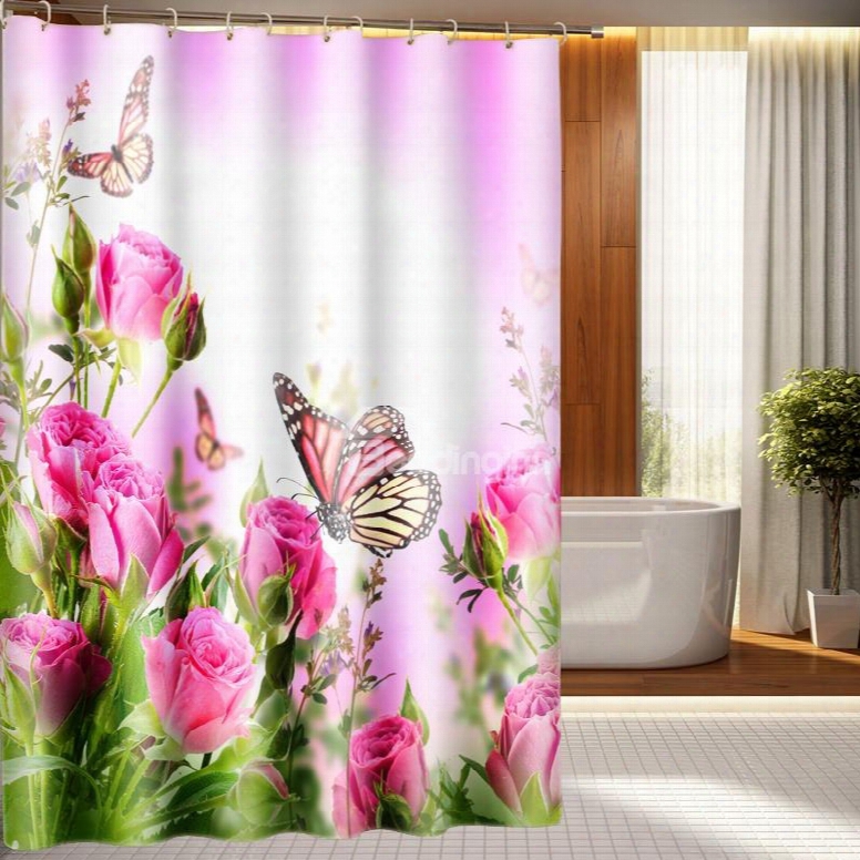 Elegant Romantic Pink Flowers And Butterfly 3d Shower Curtain