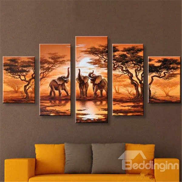 Elephants In Forest And Sunrise Hanging Canvas Waterproof And Eco-freindly 5- Piece Framed Prints