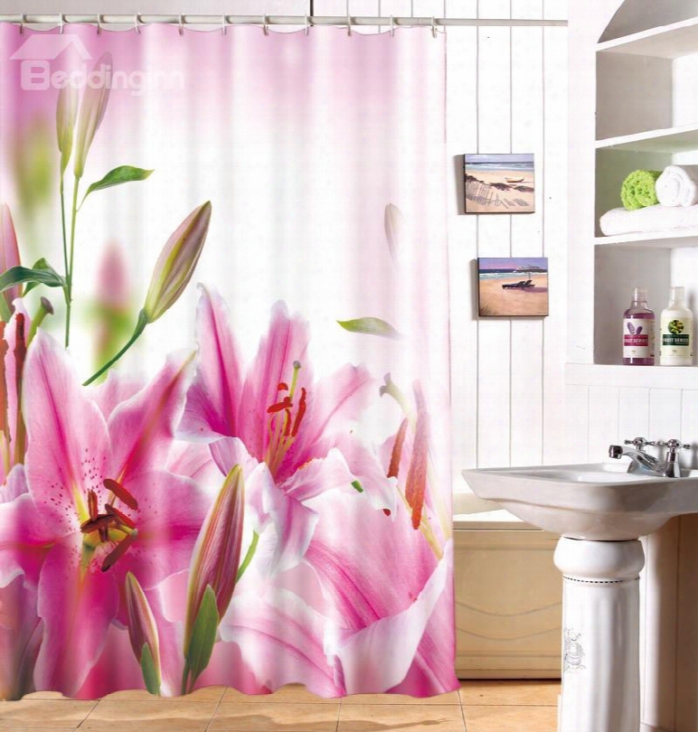 Fancy Blooming Pink Lily 100% Polyester Bathroom Shower Curtain