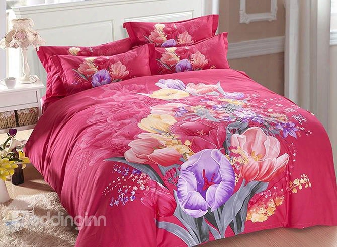 Fancy Flowers Printed Rosy Cotton 4-piece Bedding Sets/dvet Cover
