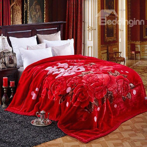 Fancy Red Flowers Raschel Blanket For Newlyweds