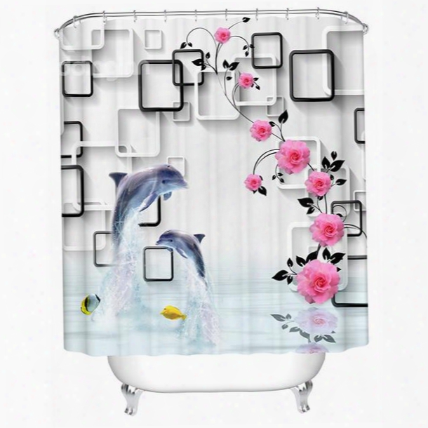 Fashion Concise Two Dolphins And Pink Flower 3d Showeer Curtain