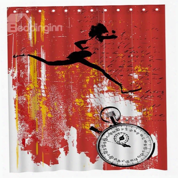 Fashion Uniwue Doodle Running Woman And Stopwatch Brick-red 3d Shower Curtain