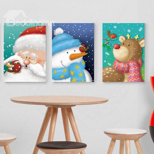 Festival Christmas Theme Santa Claus And Snowman And Deer Pattern 3-panel Framed Wall Art Prints