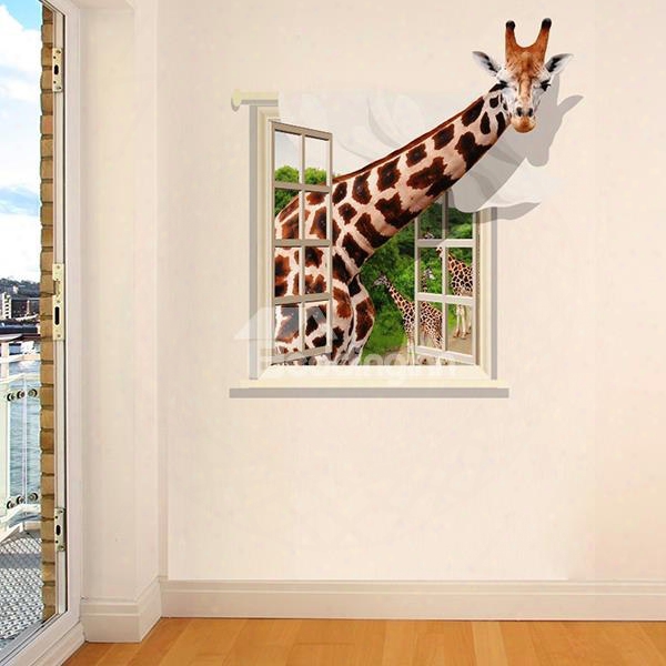 Giraffe Through Window Pattern 3d Waterproof Wall Sticker