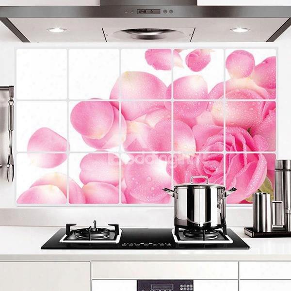Gorgeous Pink Rose Petals Kitchen Hearth Oil-proof Removable Wall Sticker