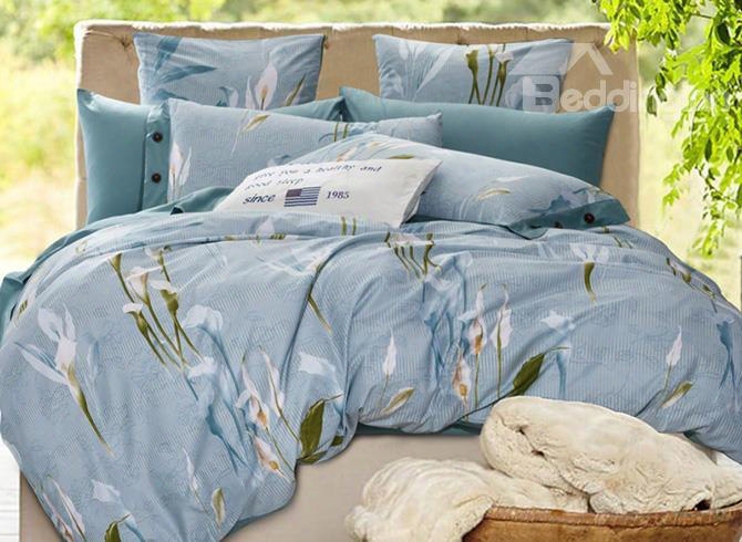 Graceful Calla Lily Print Cotton Blue 4-piece Duvet Cover Sets